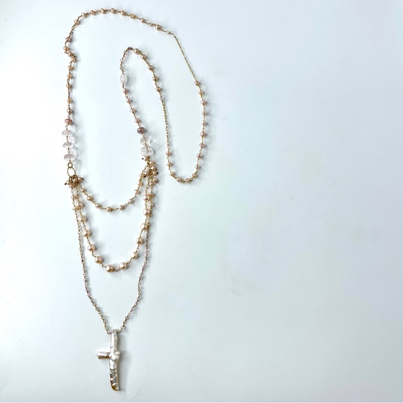 Blush Pink Gemstone 14k Gold Filled Multistrand Necklace, Baroque Pearl Cross - Picture 2 of 7